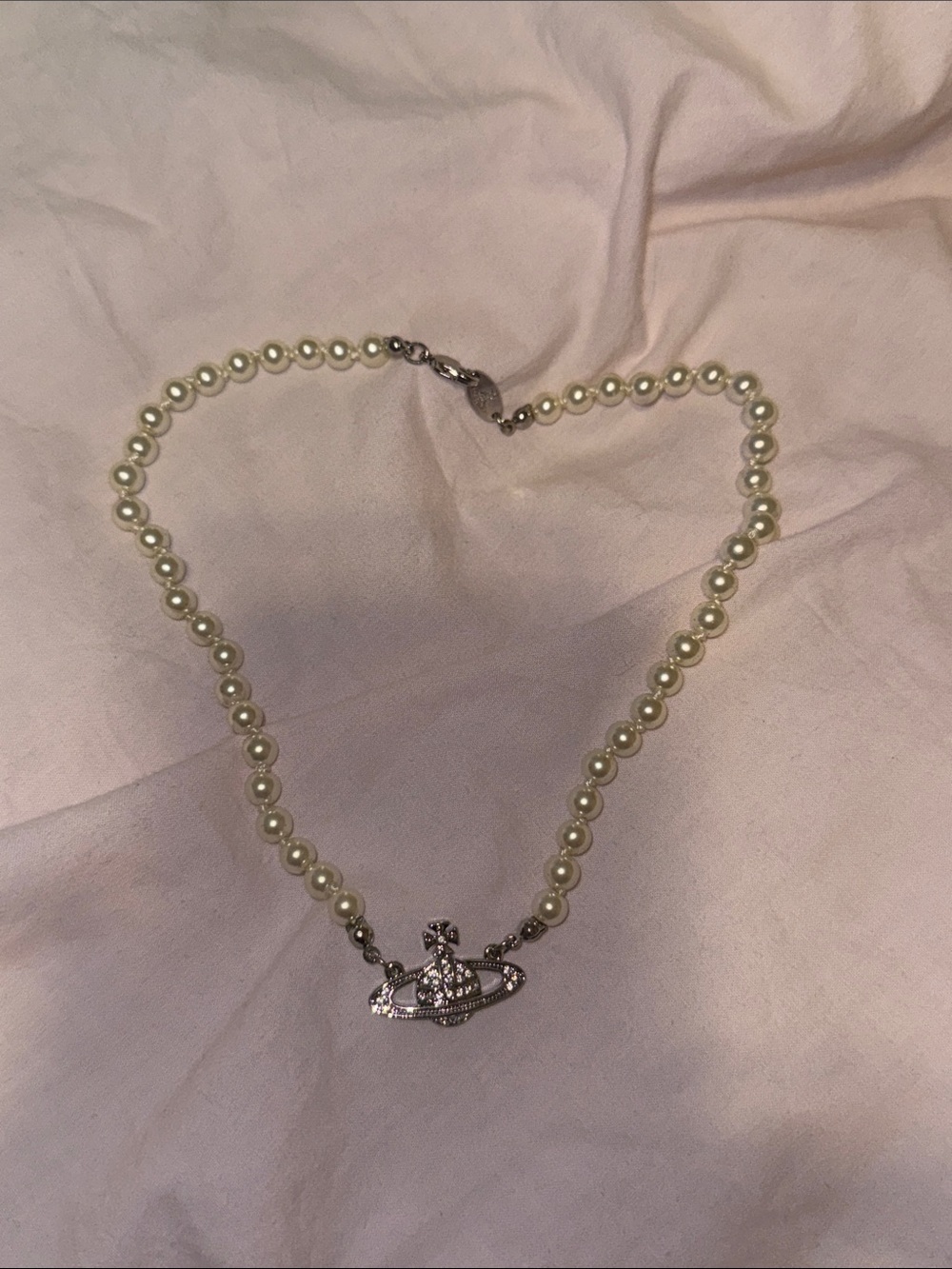 Pearl Bead Necklace with Silver Orb Pendant - Cream